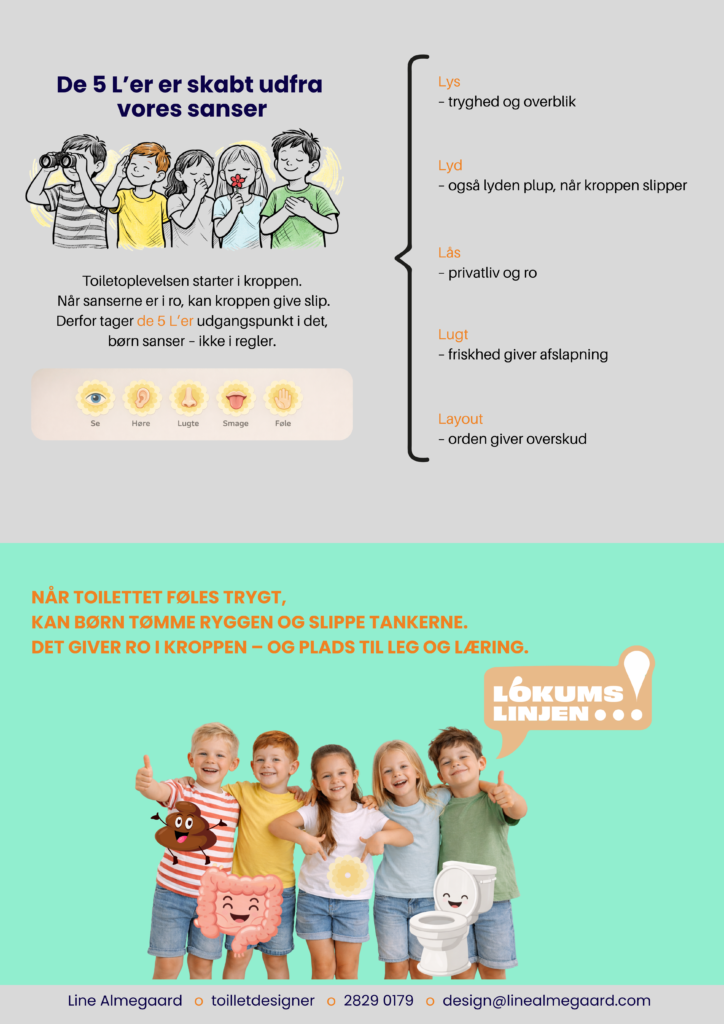 Illustration af De 5 L’er og børns sanselige oplevelse af skoletoiletter